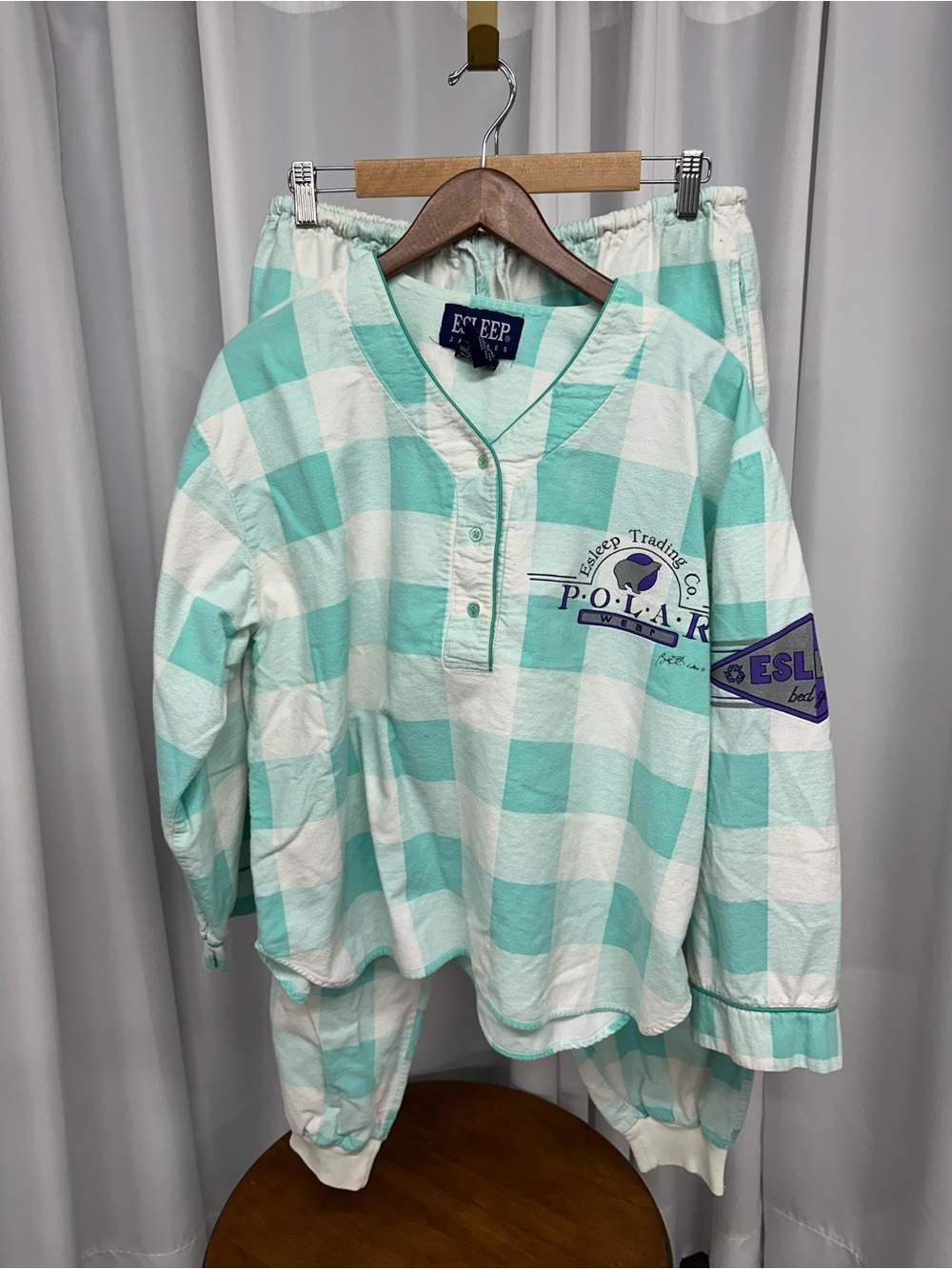 Vintage esleep flannel pajamas Women's large Mint green white Check